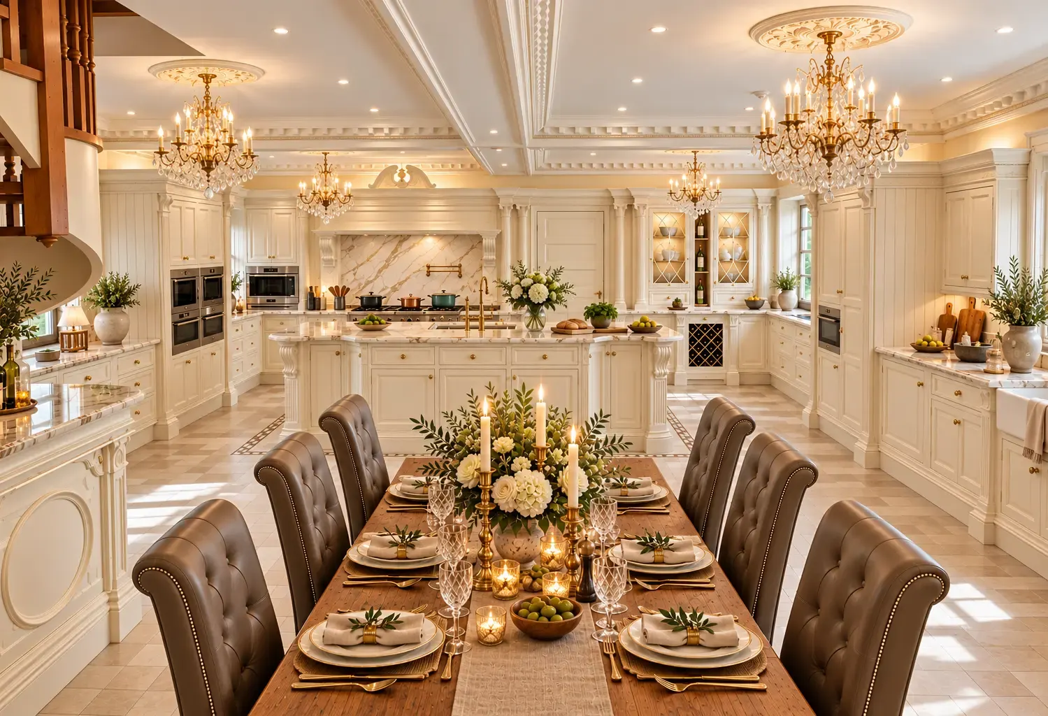 Grand ivory kitchen and dining room with crystal chandeliers and a candlelit table