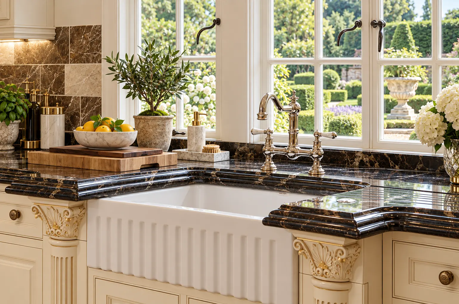Fluted butler sink set in dark marble worktops with carved capitals, overlooking a formal garden