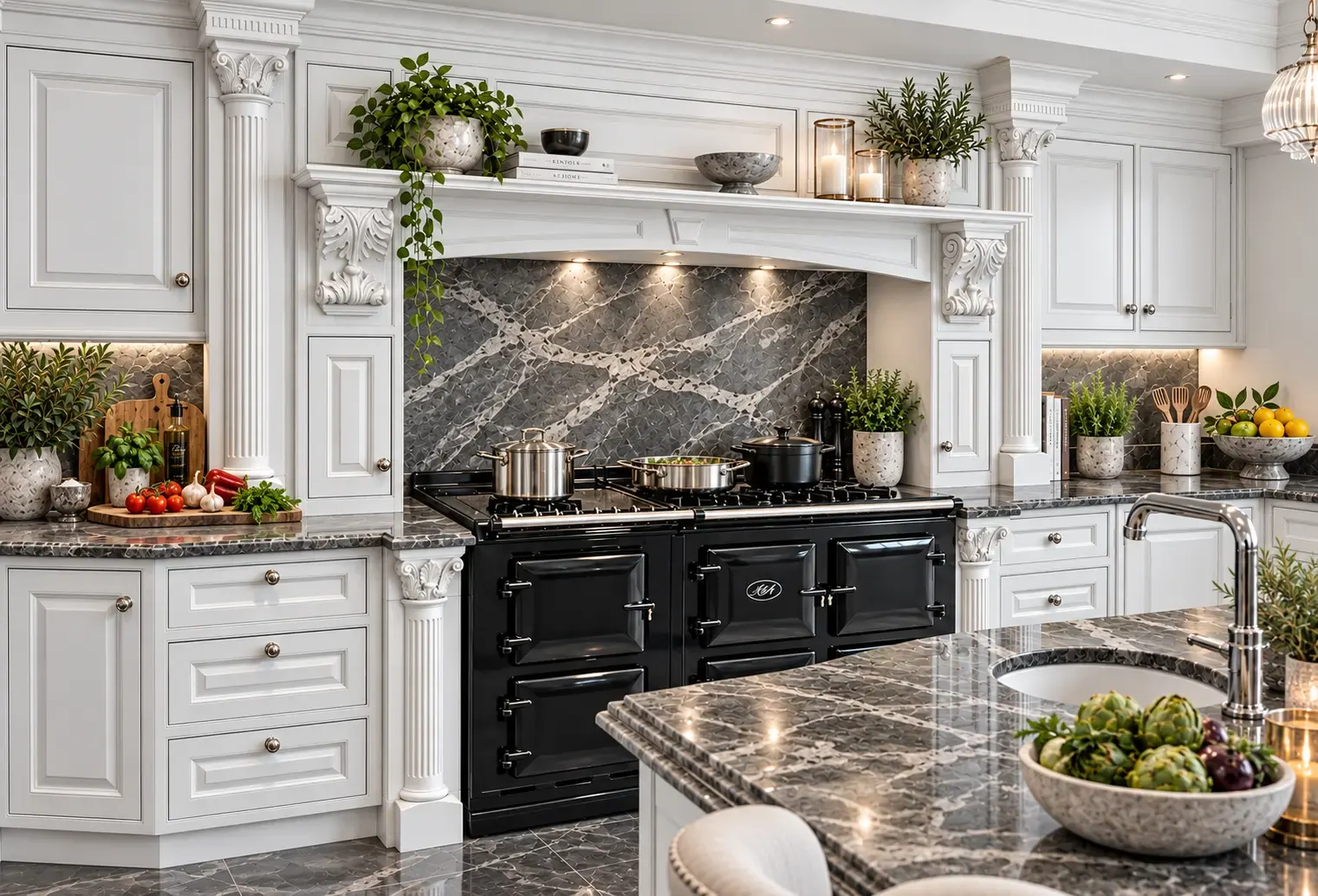 Classic painted kitchen with grey veined marble, range cooker and carved mantel