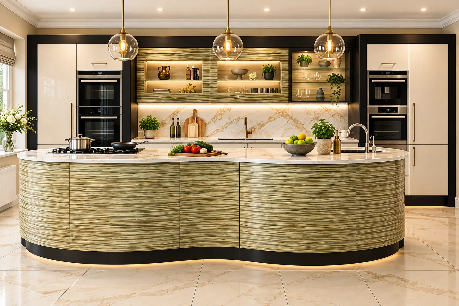 Sculpted curved island in textured green and bronze with gold pendant lights