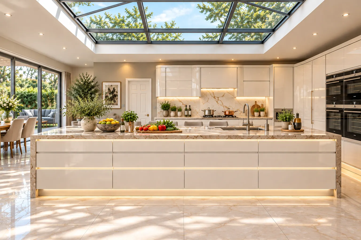 Ivory bespoke kitchen with a long marble-topped island beneath a glass roof lantern