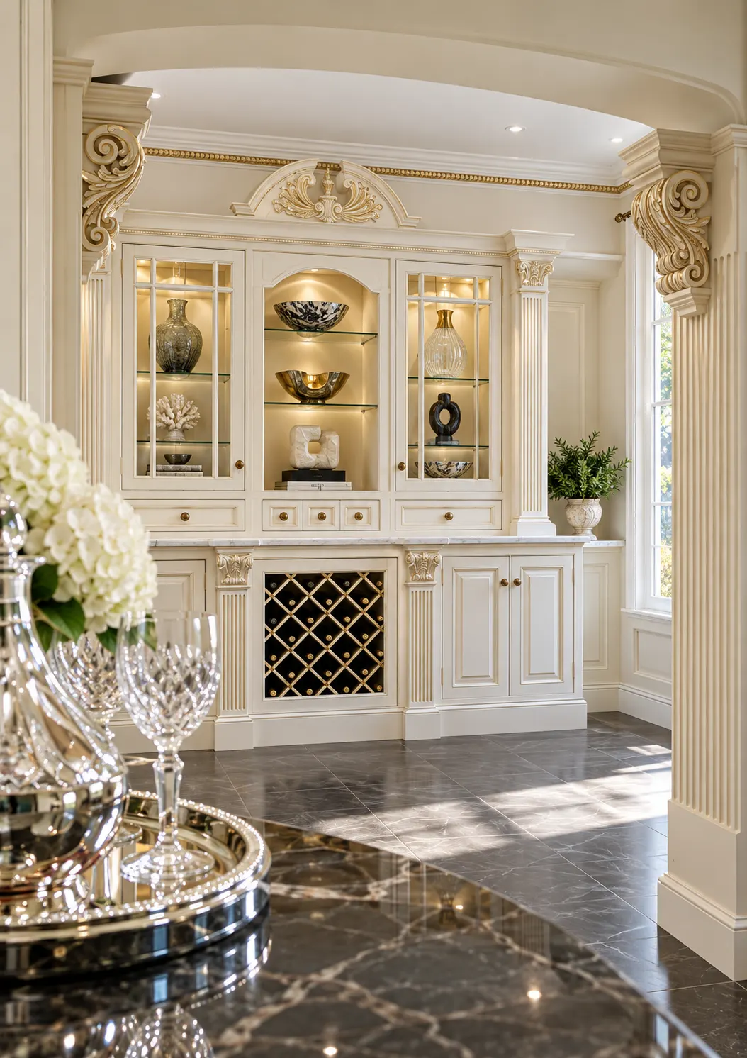 Ivory dresser with glazed display cabinets, carved corbels and polished marble floor