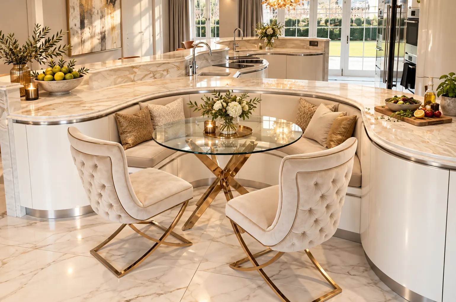 Curved ivory banquette with velvet chairs and glass table set into a marble kitchen